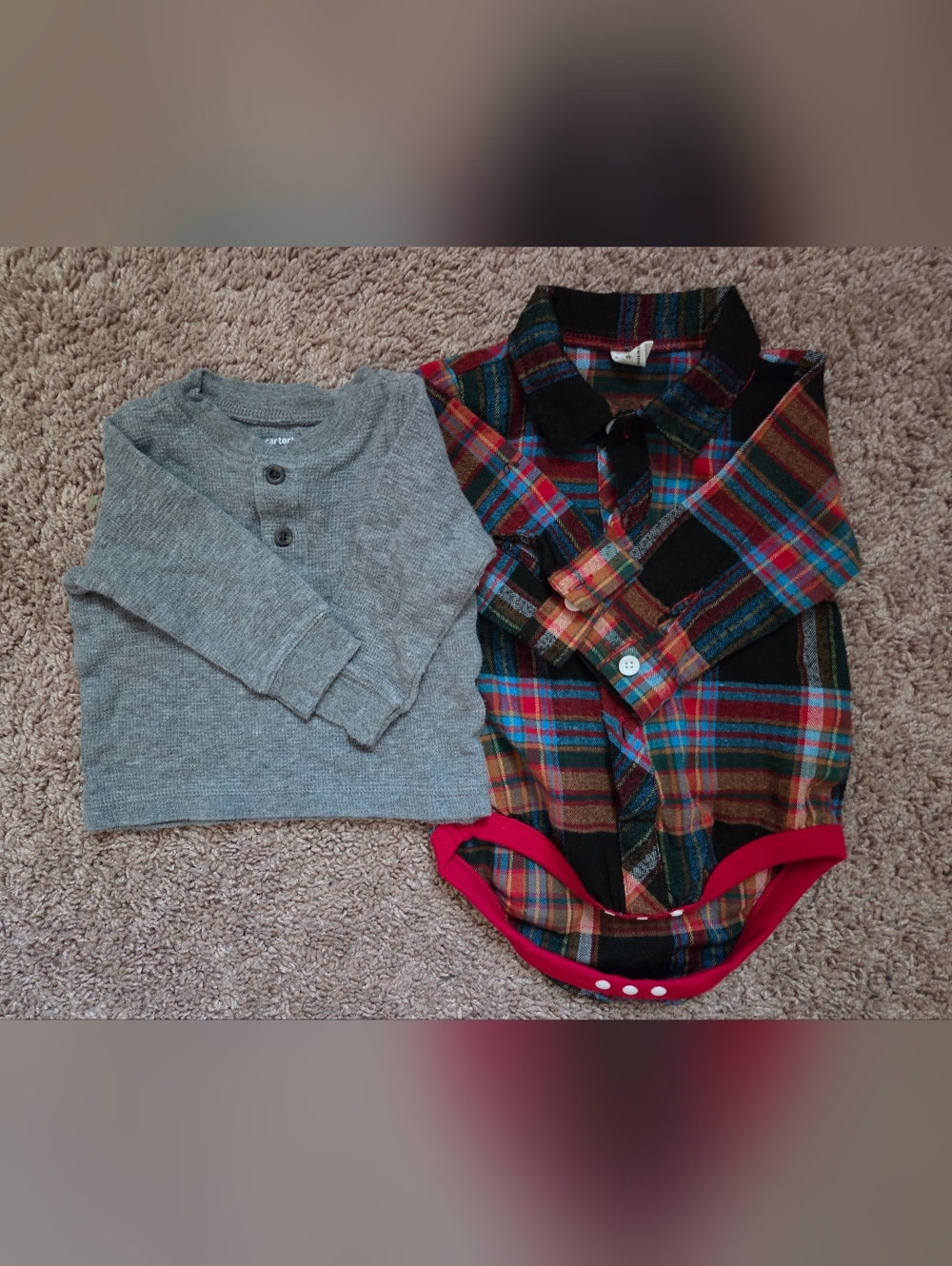Infant's Plaid Flannel Bodysuit and Grey Knit Top Set